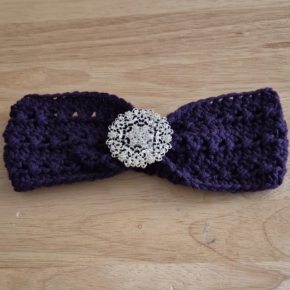 Handmade Purple Crochet Headband with Silver Brooch